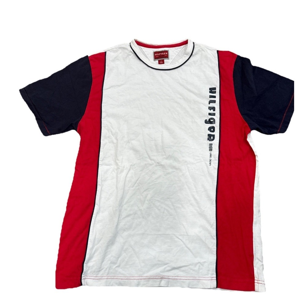 HILFIGER Red Label Men's T-Shirt Vtg Denim 100% Cotton Sz M Streetwear Spell out